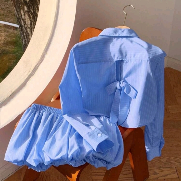 Blue Striped Woven Buttoned Front Long Sleeve Top And Elastic Waist Shorts Set